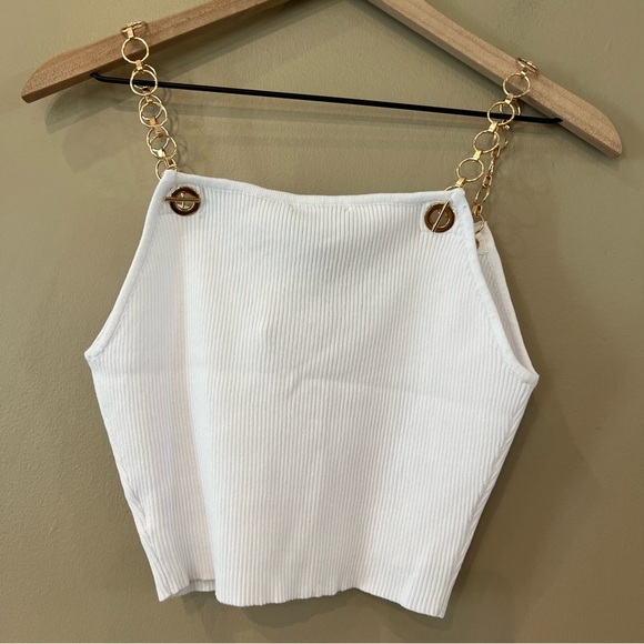 NWT Hera Collection Ribbed Crop Sweater Tank Gold Chain Straps Size S White - Picture 4 of 8